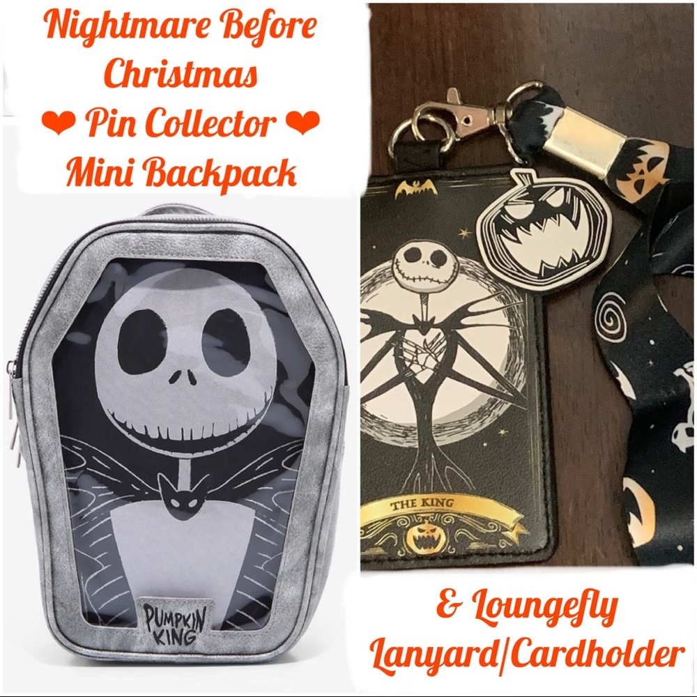 NIGHTMARE BEFORE CHRISTMAS Jack Pin Collector MINI BACKPACK & LOUNGEFLY LANYARD!
